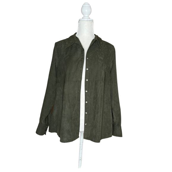 baby & me olive green snap button shirt Blouse Textured Long Sleeve tunic sz M - Picture 2 of 12